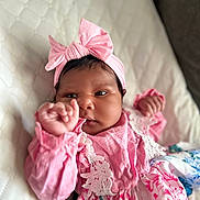 Kehlani is registered to the contest to win money with this photo: baby, infant, pink, headband, bow, dress, lace, hand, face, eyes, quilted, blanket, clothing, cute, portrait, newborn, skin, lying_down, soft, indoors