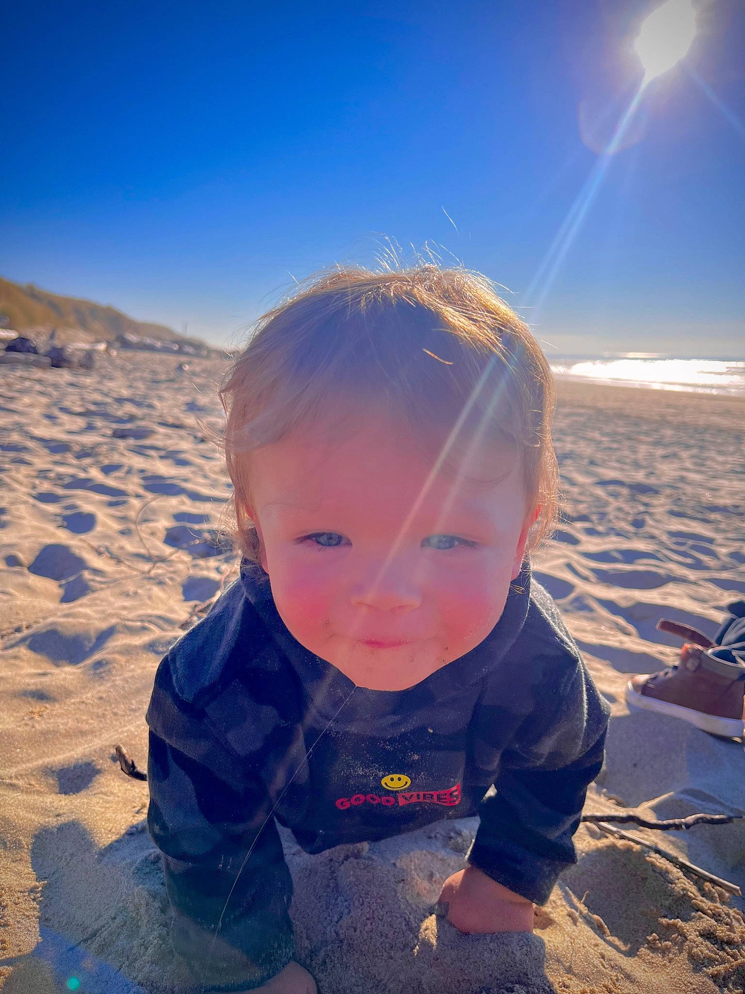 Asher joined the competition — help win amazing prizes! baby, beach, body_of_water, cloud, fun, happy, horizon, landscape, leisure, light, morning, people_in_nature, people_on_beach, person, shore, sky, summer, sunlight, toddler, travel