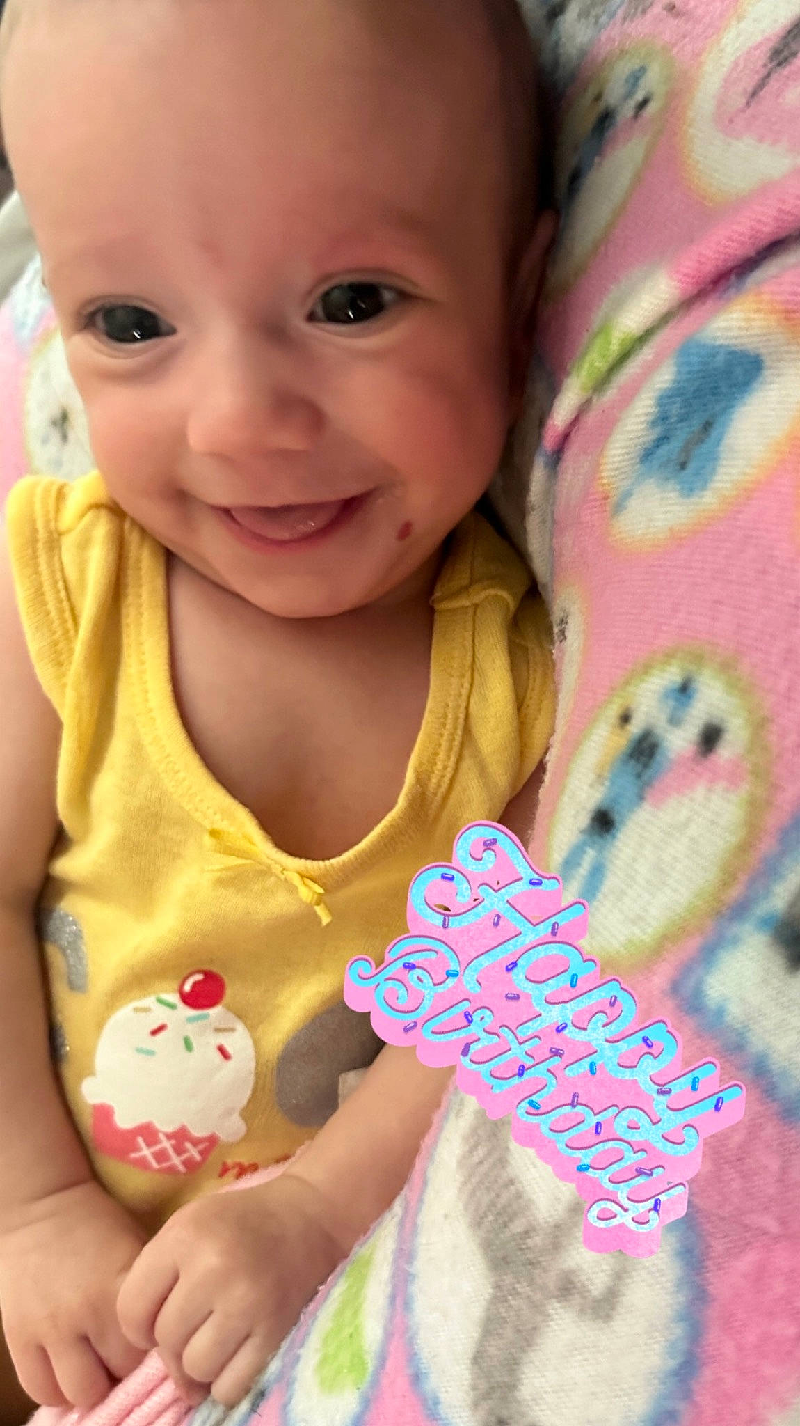 Rosalyn joined the competition — help win amazing prizes! baby, baby_toddler_clothing, cheek, child, eye, facial_expression, finger, gesture, happy, iris, joy, lip, nail, nose, pattern, person, pink, skin, sleeve, smile