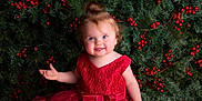 Ysalia a rejoint le concours — aidez-le/la à gagner de superbes lots ! background, blue_eyes, bow, celebration, child, christmas, curly_hair, cute, festive, happy, holiday, lace, pine_branches, portrait, red_berries, red_dress, sitting, smile, toddler, topknot