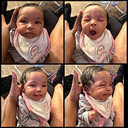 Ardessi is registered to the contest to win money with this photo: baby, infant, newborn, bib, yawn, smile, baby_face, person, adult_hand, legs, socks, carpet, living_room, collage, four_panel, portrait, close_up, clothing, sitting, cute