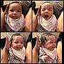 baby, infant, newborn, bib, yawn, smile, baby_face, person, adult_hand, legs, socks, carpet, living_room, collage, four_panel, portrait, close_up, clothing, sitting, cute