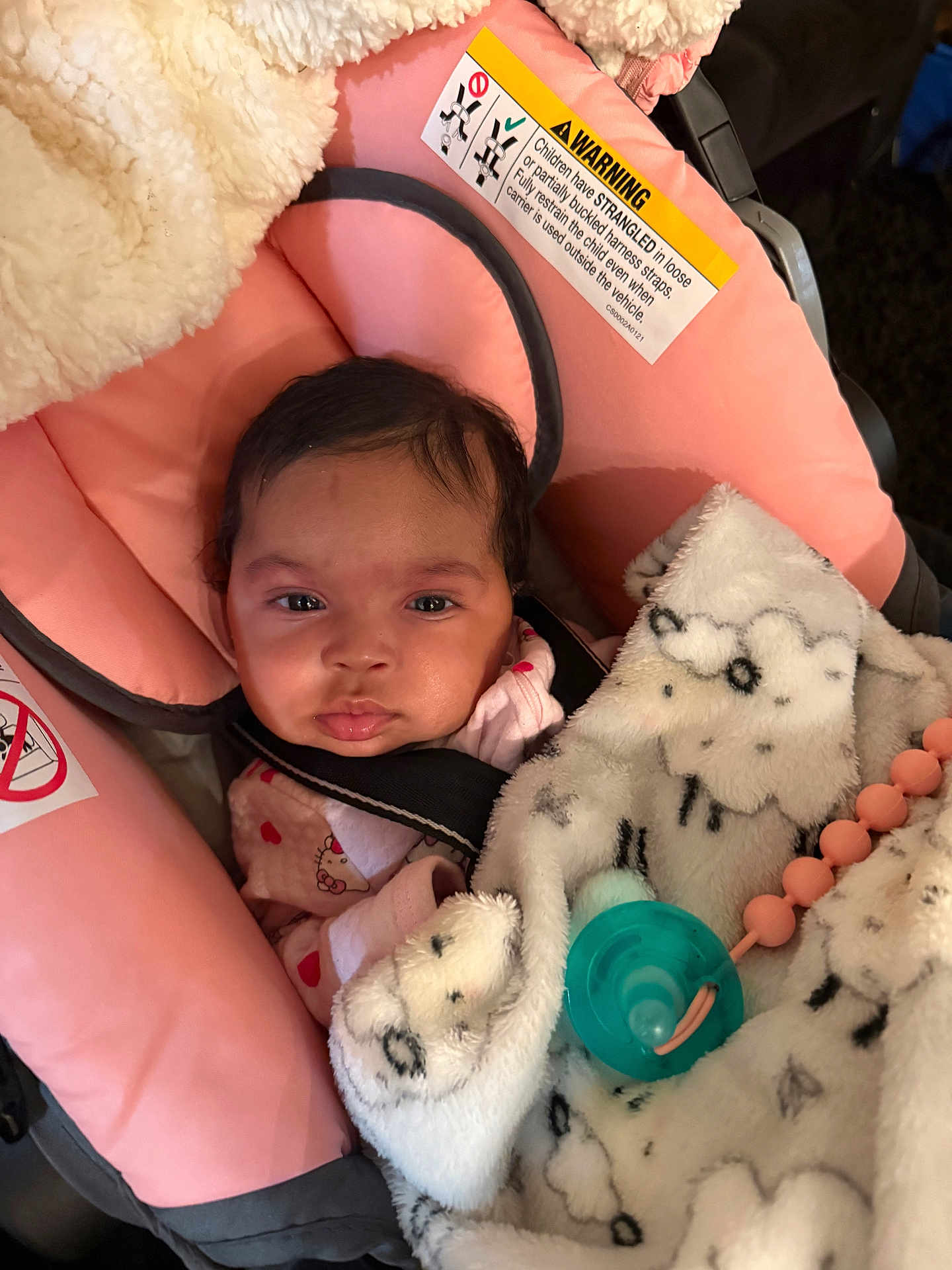 Ardessi is registered to the contest to win money with this photo: baby, infant, child, car_seat, pink, blanket, plush_blanket, pacifier, safety_label, strap, face, eyes, mouth, hair, clothing, portrait, indoor, cute, cozy, seat