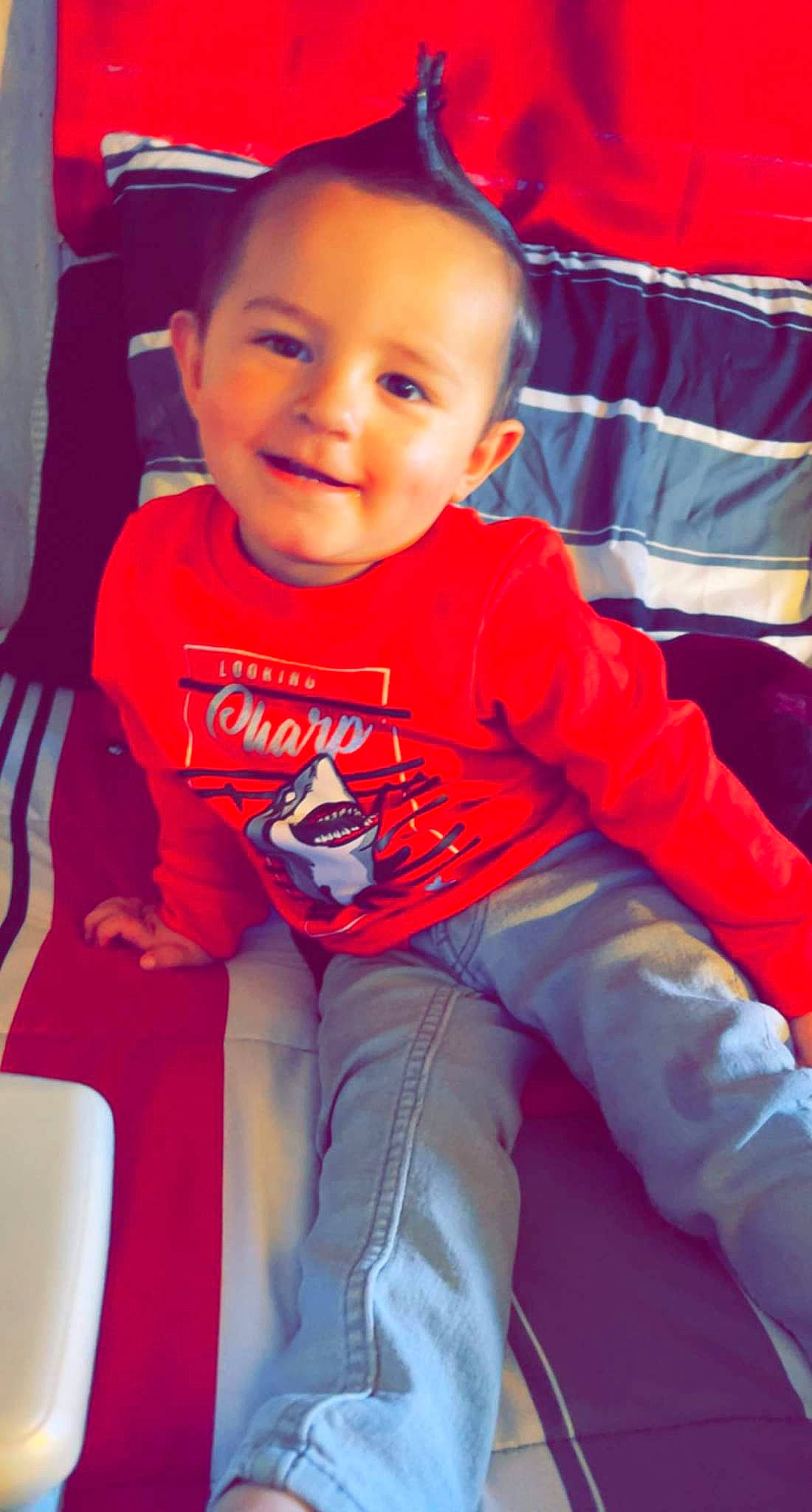 Alan joined the competition — help win amazing prizes! baby, baby_toddler_clothing, cheek, child, chin, comfort, electric_blue, eye, fun, happy, joy, leisure, magenta, person, pink, red, sitting, skin, sleeve, smile