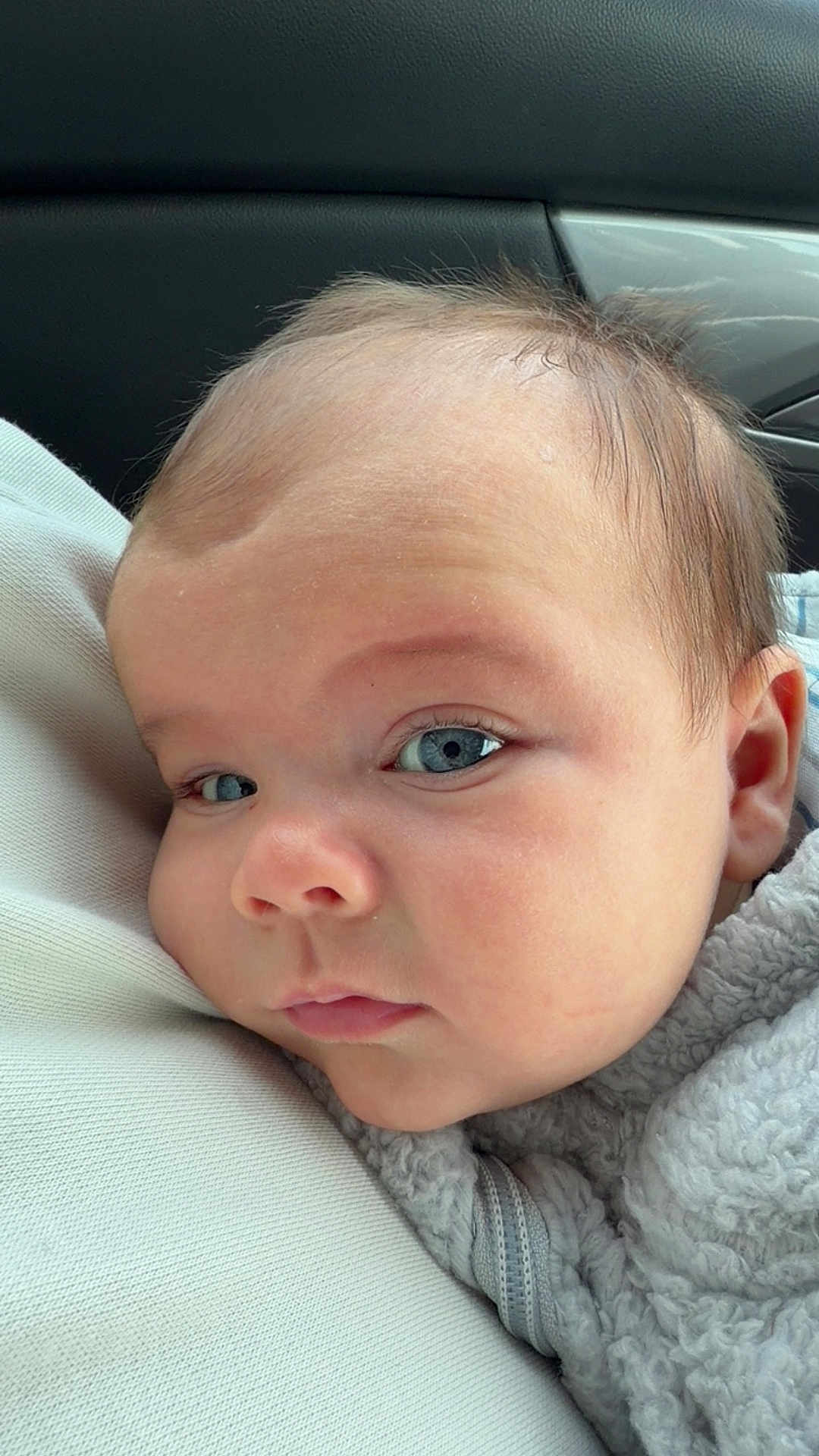 Waylon joined the competition — help win amazing prizes! baby, infant, child, blue_eyes, face, close_up, portrait, eyelashes, forehead, cheek, ear, nose, lips, hair, blanket, fleece, car_interior, car_seat, curious_expression, resting