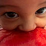 child, face, eyes, close_up, fruit, watermelon, red, skin, cute, curious, eating, mouth, hand, summer, fresh, healthy, natural, baby, portrait, innocence