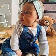 Yvanah participe au concours pour gagner de l'argent avec cette photo : baby, child, headband, denim_overalls, white_shirt, shoes, teddy_bear, toy, floor, carpet, indoor, furniture, cute, chubby_cheeks, sitting, portrait, looking_away, warm_lighting, playroom, infant