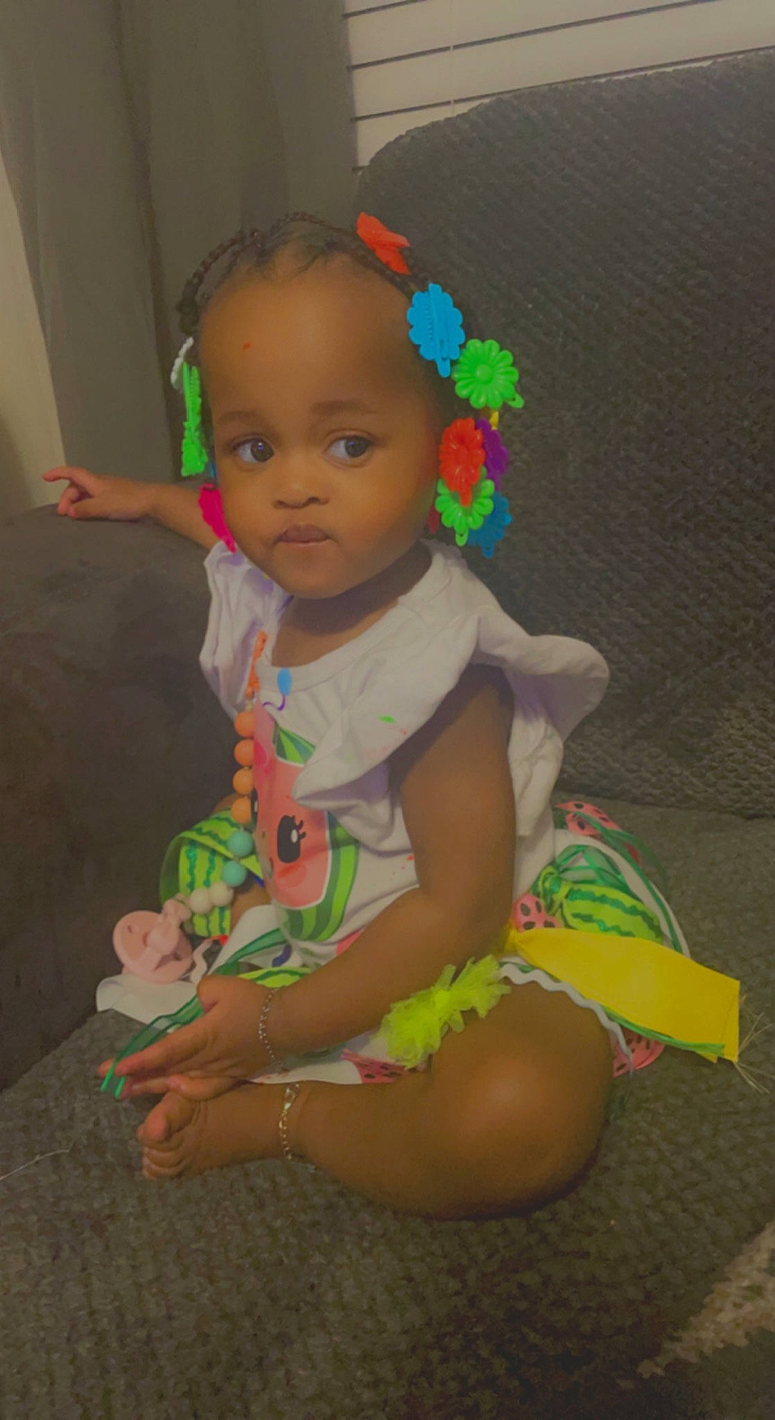 Jamiah joined the competition — help win amazing prizes! baby, baby_products, baby_toddler_clothing, cheek, child, dress, eye, facial_expression, fun, happy, head, human_body, human_leg, iris, magenta, person, pink, play, sitting, skin