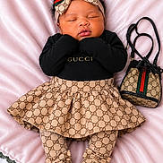 Aubrielle joined the competition — help win amazing prizes! baby, sleeping, infant, fashion, gucci, headband, bow, skirt, leggings, footwear, handbag, pink_blanket, luxury, cute, portrait, indoor, soft_texture, clothing, accessory, newborn