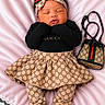 baby, sleeping, infant, fashion, gucci, headband, bow, skirt, leggings, footwear, handbag, pink_blanket, luxury, cute, portrait, indoor, soft_texture, clothing, accessory, newborn
