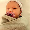 newborn, baby, pacifier, blanket, hat, infant, face, swaddled, cozy, portrait, cute, soft, sleepwear, resting, indoor, child, babycare, newborn_hat, baby_bedding, pacifier_baby