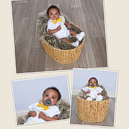 T Ruzin is registered to the contest to win money with this photo: baby, infant, child, basket, fur, pacifier, yellow_bow_tie, white_outfit, flooring, wood_floor, portrait, collage, indoor, cute, sitting, expression, curious, cozy, studio, photography