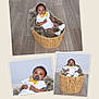 baby, infant, child, basket, fur, pacifier, yellow_bow_tie, white_outfit, flooring, wood_floor, portrait, collage, indoor, cute, sitting, expression, curious, cozy, studio, photography