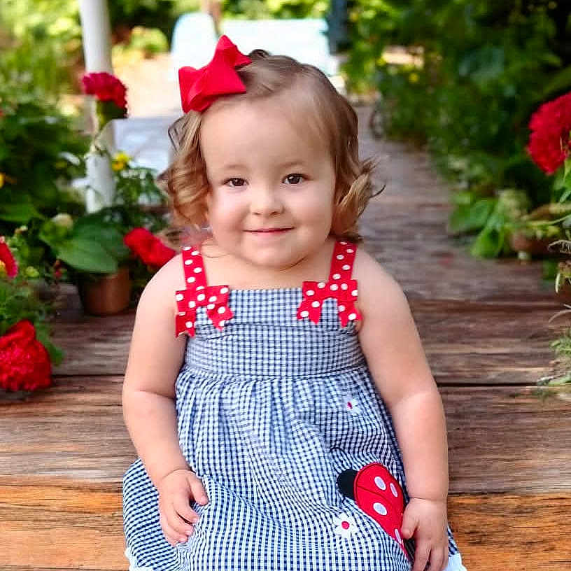Raegan is registered to the contest to win money with this photo: baby, bench, child, childhood, cute, dress, flowers, garden, gingham, greenery, happy, nature, outdoor, playful, portrait, red_bow, smile, summer, toddler, wood