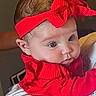 baby, child, infant, portrait, face, eyes, red_outfit, headband, bow, clothing, cuddling, adult, indoor, close_up, sitting, happy, cute, photography, family, fashion