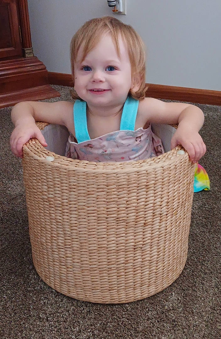 Lacey Lynne is registered to the contest to win money with this photo: baby, baby_products, baby_safety, baby_toddler_clothing, basket, child, flooring, fun, hair, happy, hardwood, joy, laundry_basket, person, product, sitting, smile, storage_basket, tiara, toddler