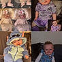 baby, child, tutu, purple_clothing, blue_costume, denim_dress, sofa, cushion, smiling, sitting, portrait, cute, indoor, collage, headwear, footwear, happy, person, infant, soft_furniture