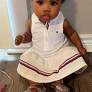 Acelynn is registered to the contest to win money with this photo: toddler, child, girl, dress, white_dress, hair_bows, red_bows, silver_shoes, ankle_bracelet, floor, wooden_floor, indoor, curious_expression, sitting, cute, fashion, portrait, person, young_child, innocence