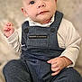 baby, child, infant, overalls, white_shirt, sitting, cute, face, expression, soft_background, socks, hands, portrait, young, person, indoor, fashion, clothing, comfortable, curious