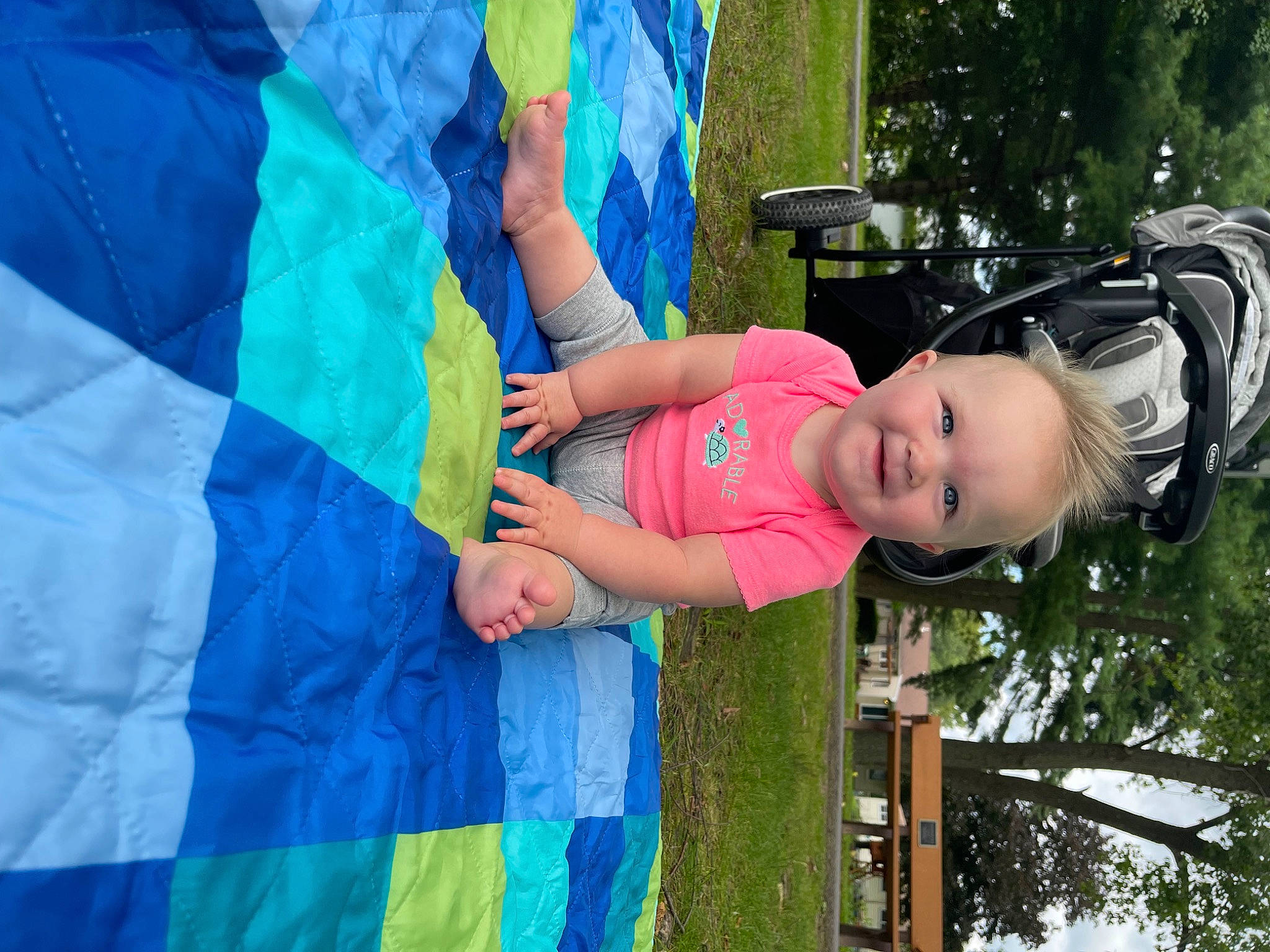 Madilyn joined the competition — help win amazing prizes! baby_products, child, electric_blue, event, fun, grass, happy, joy, leisure, linens, magenta, pattern, people_in_nature, person, plant, recreation, shorts, smile, toddler, tree