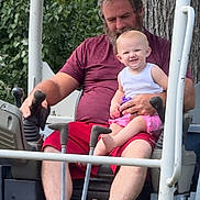 Evelyn is registered to the contest to win money with this photo: man, baby, child, construction_vehicle, takeuchi, outdoor, greenery, tree, smiling, casual_clothing, beard, shorts, tank_top, barefoot, seat, hand_holding, nature, happy, family, bonding