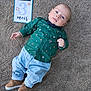 Noah participe au concours pour gagner de l'argent avec cette photo : baby, infant, carpet, clothing, shirt, pants, shoes, bow_tie, face, person, child, milestone_card, text, floor, lying_down, cute, portrait, indoors, celebration, three_months