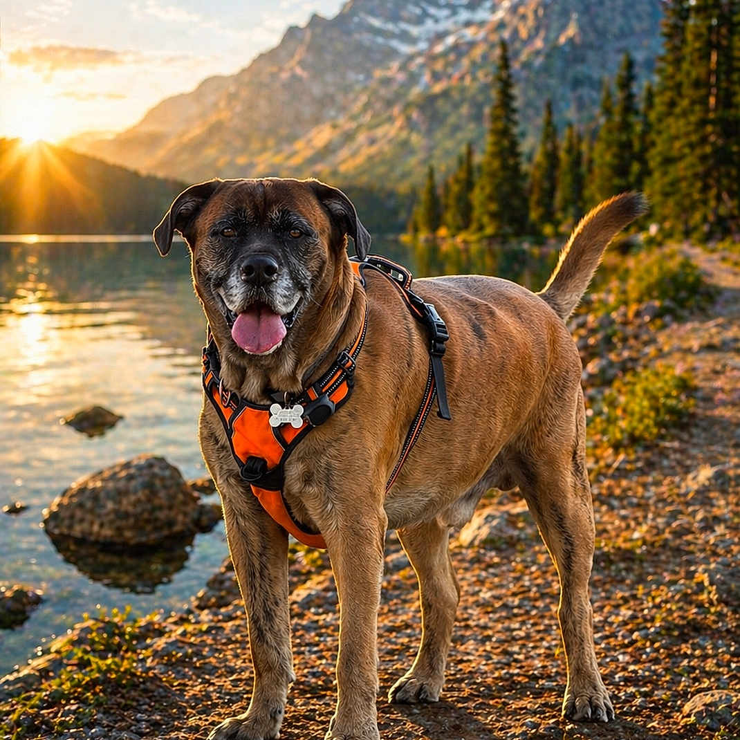 Maho participe au concours pour gagner de l'argent avec cette photo : dog, canine, harness, orange, lake, water, rocks, mountains, sunset, sunlight, trees, pine_trees, nature, outdoor, animal, pet, tongue_out, standing, scenic, landscape
