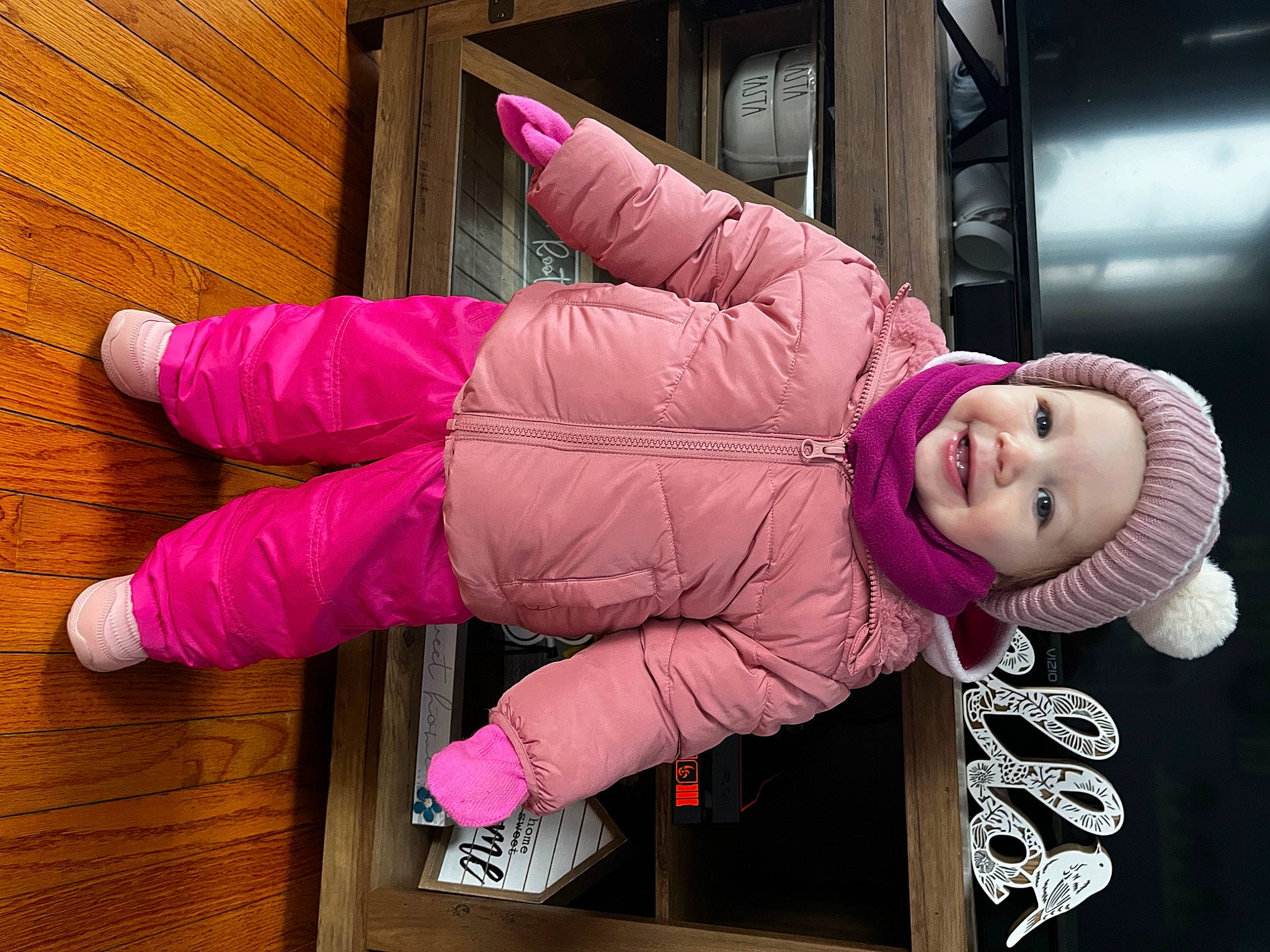 Harper joined the competition — help win amazing prizes! baby_toddler_clothing, child, costume, fun, hardwood, headwear, human_leg, joy, magenta, person, pink, purple, sleeve, smile, thigh, toddler, wood