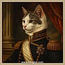 cat, portrait, uniform, military, medals, epaulettes, formalwear, historical, regal, royal, ornate, painting, digital_art, whiskers, ears, tabby, white_fur, brown_fur, curtains, text_overlay