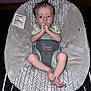 baby, infant, child, baby_chair, hands, face, eyes, clothing, seat, pattern, indoor, cute, small, sitting, looking, skin, legs, feet, hair, expression