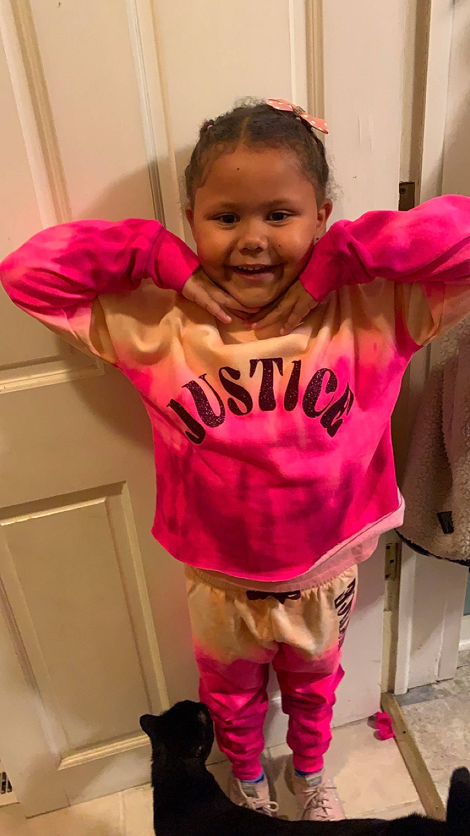 Natalie is registered to the contest to win money with this photo: baby_toddler_clothing, cool, gesture, hair, hairstyle, happy, head, joint, joy, leg, magenta, mouth, neck, person, pink, purple, shoulder, sleeve, smile, t_shirt