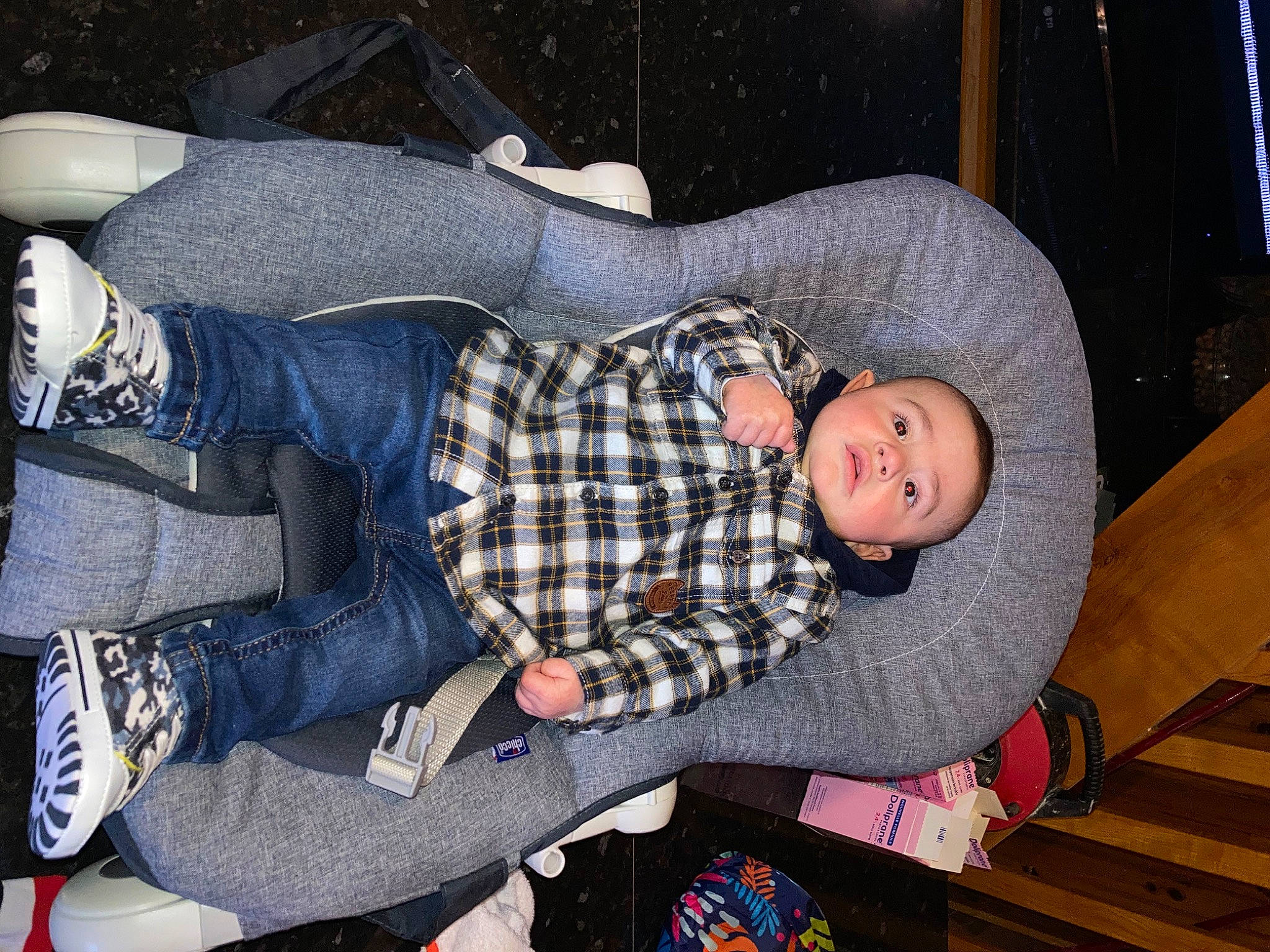 Diego participe au concours pour gagner de l'argent avec cette photo : baby_products, child, comfort, cool, couch, fun, human, human_leg, lap, pattern, person, plaid, room, sitting, sneakers, sock, tartan, thigh, toddler, tree