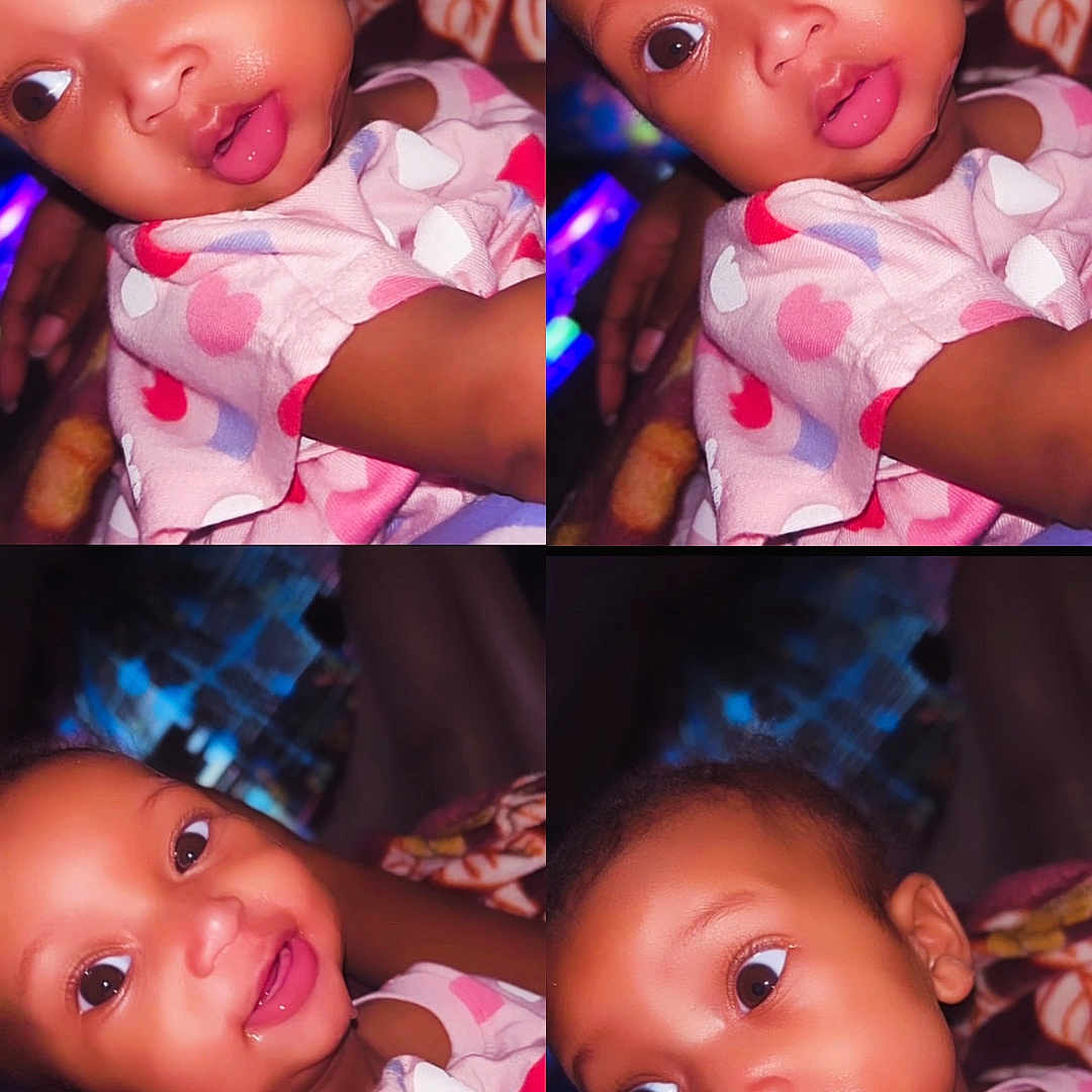 Armonii is registered to the contest to win money with this photo: baby, child, close_up, collage, colorful_background, curious, cute, expression, eyes, face, heart_pattern, indoors, infant, lighting, person, photography, pink_shirt, portrait, skin, smiling