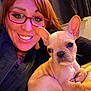Nova Jean is registered to the contest to win money with this photo: big_ears, blanket, close_up, companion, couch, dog, eyewear, french_bulldog, fur, glasses, happy, headshot, indoor, person, pet, portrait, puppy, red_glasses, smile, warm_lighting