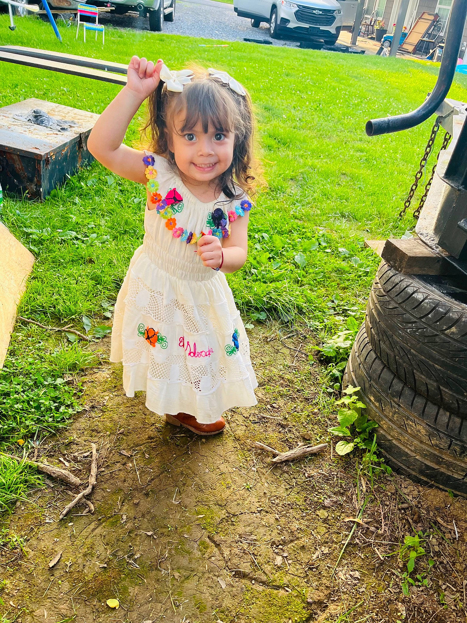 Maddie joined the competition — help win amazing prizes! automotive_tire, baby_toddler_clothing, dress, fun, grass, grass_family, happy, joy, lawn, leisure, nature, people_in_nature, person, plant, recreation, rural_area, synthetic_rubber, tire, toddler, tread