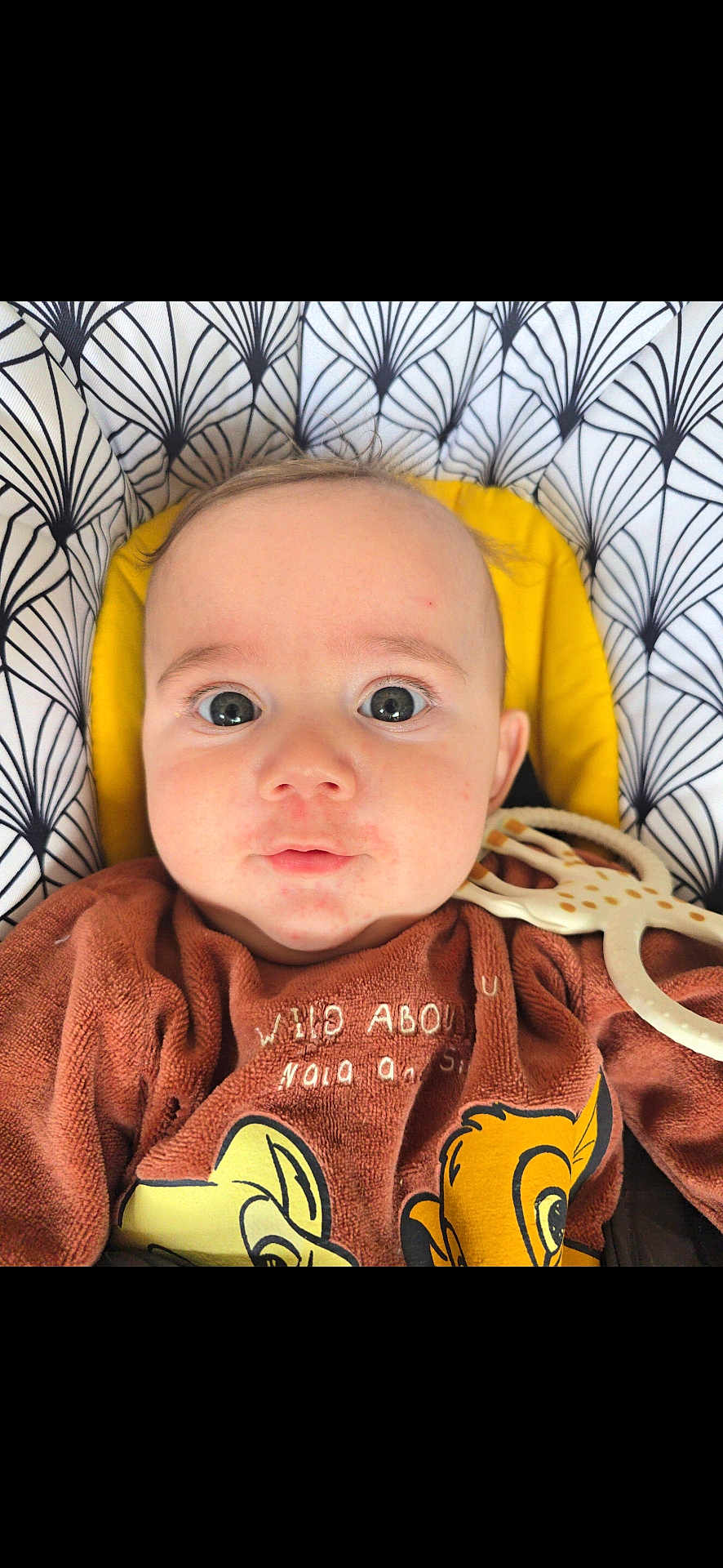 Livio a rejoint le concours — aidez-le/la à gagner de superbes lots ! baby, infant, face, eyes, clothing, teether, giraffe, patterned_background, expression, curious, child, portrait, cute, indoors, soft_lighting, closeup, sitting, brown_outfit, toy, young