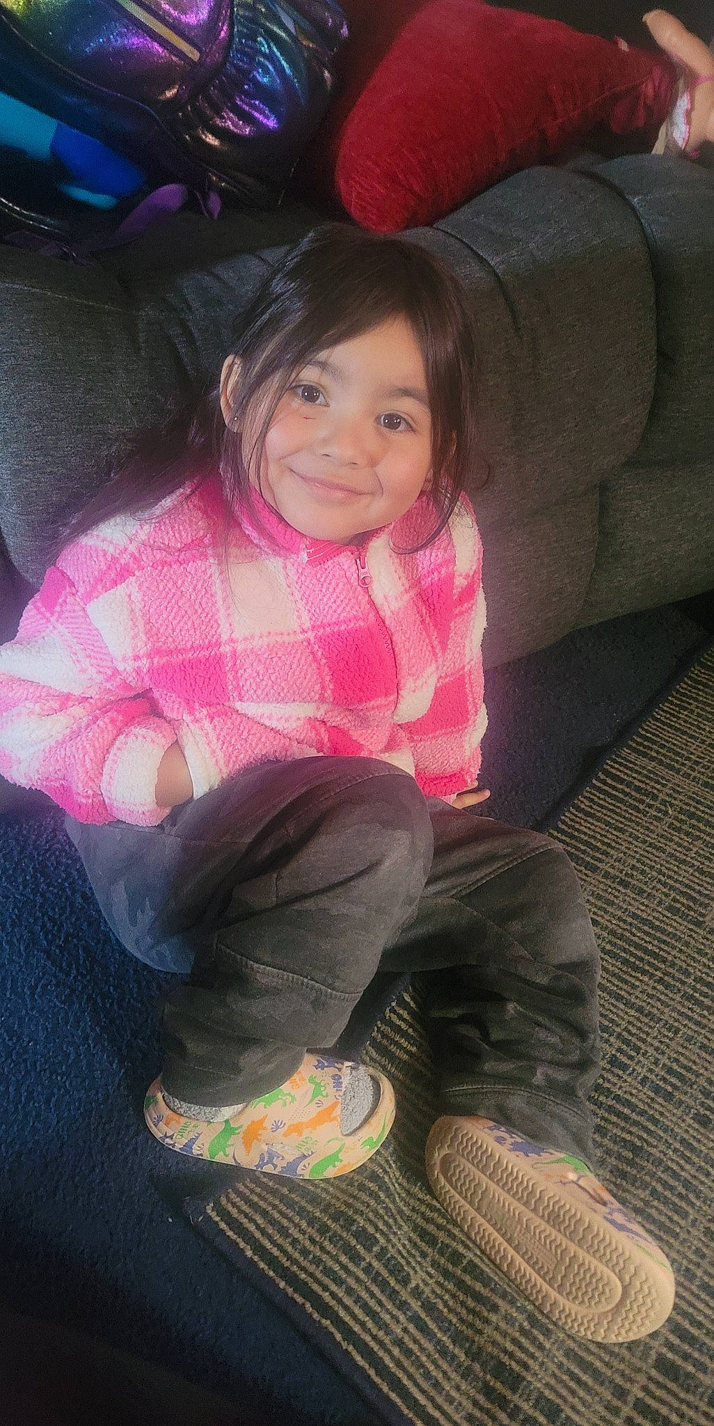 Alicia joined the competition — help win amazing prizes! black_hair, cheek, comfort, eye, face, finger, hair, human_body, human_leg, joy, leg, lip, magenta, person, purple, shoe, skin, smile, sneakers, textile