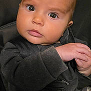 Timberlee joined the competition — help win amazing prizes! baby, infant, child, car_seat, seatbelt, clothing, hands, face, eyes, portrait, indoors, curious, young, cute, expression, sitting, safety, infant_clothing, head, skin