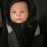 Lyzio a rejoint le concours — aidez-le/la à gagner de superbes lots ! baby, infant, car_seat, hoodie, black_clothing, blue_eyes, face, child, straps, seat_belt, indoor, portrait, cute, young, clothing, sitting, person, newborn, warm, expression