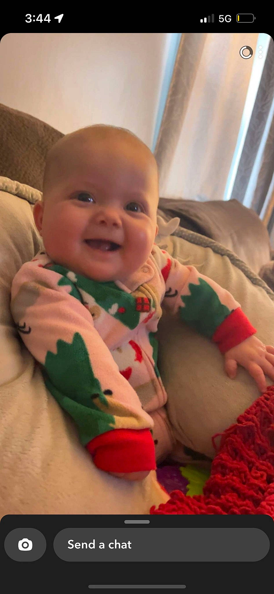 Harper joined the competition — help win amazing prizes! baby, baby_toddler_clothing, cheek, child, comfort, curtain, eye, finger, flooring, happy, iris, linens, mouth, nose, person, room, sitting, skin, sleeve, smile