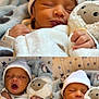 baby, newborn, infant, blanket, plush_toy, lamb, sleeping, yawning, hat, soft_toy, cozy, child, cute, bed, star_pattern, wrapped, hand, face, indoors, portrait