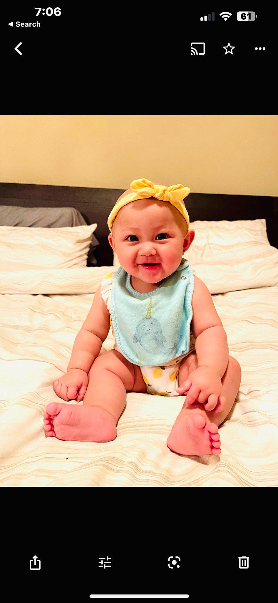 Alyssa is registered to the contest to win money with this photo: baby, baby_laughing, baby_toddler_clothing, barefoot, child, comfort, fashion_accessory, flash_photography, fun, happy, joy, linens, peach, person, pink, room, sitting, skin, sleeve, smile