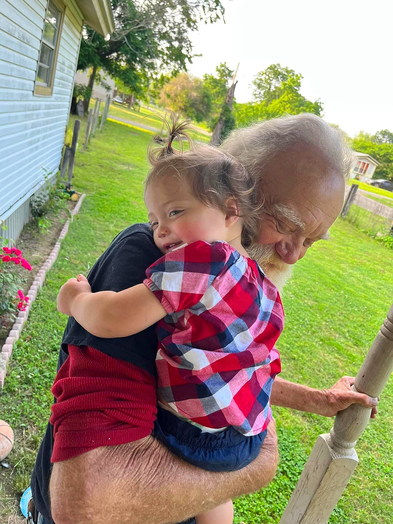 Raven joined the competition — help win amazing prizes! baby, child, fun, grass, happy, house, human_leg, leisure, people_in_nature, person, plaid, plant, recreation, shorts, sky, t_shirt, thigh, toddler, tree, trunk