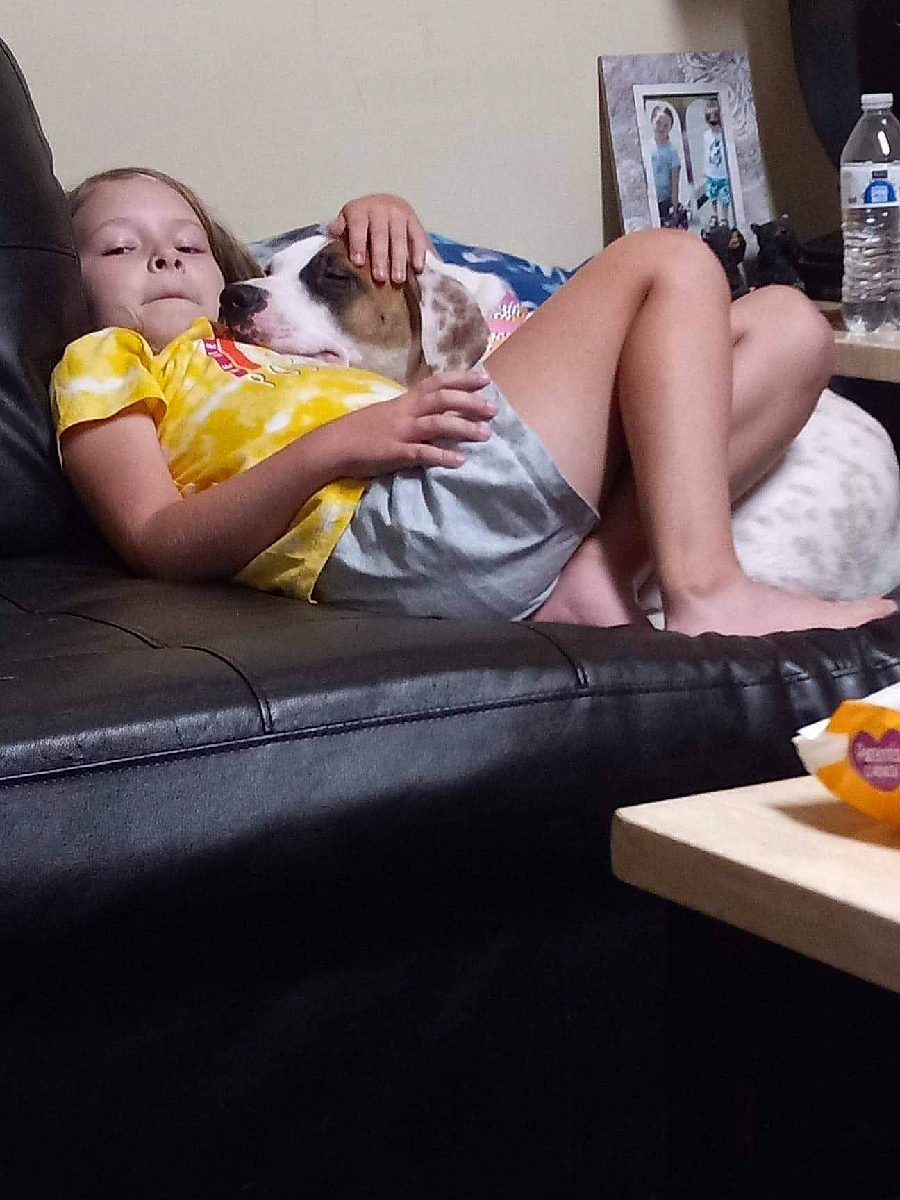 Madalynn is registered to the contest to win money with this photo: baby, comfort, companion_dog, couch, eyewear, flooring, furniture, human_leg, knee, lap, leg, leisure, living_room, person, sitting, studio_couch, table, tableware, thigh, toddler