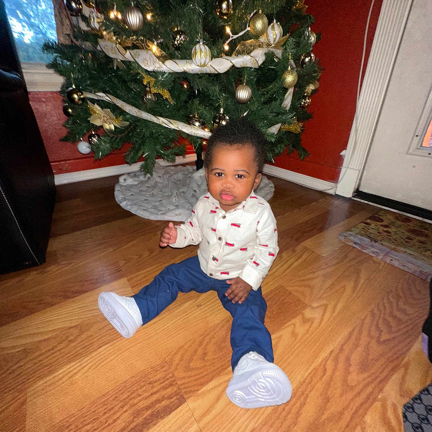 Jahmyr is registered to the contest to win money with this photo: boy, child, clothing, face, footwear, hardwood, head, indoors, lighting, male, pants, person, photography, plant, portrait, pottedplant, shoe, sitting, tree, wood