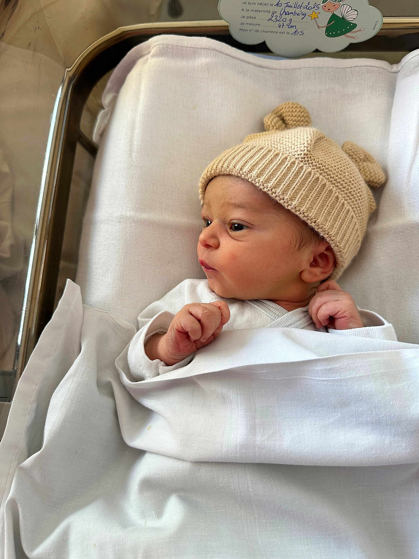ève participe au concours pour gagner de l'argent avec cette photo : newborn, baby, infant, hospital, blanket, knit_hat, bassinet, bed, white_clothing, cute, face, skin, hand, sleepwear, portrait, indoors, resting, small_hands, side_profile, soft