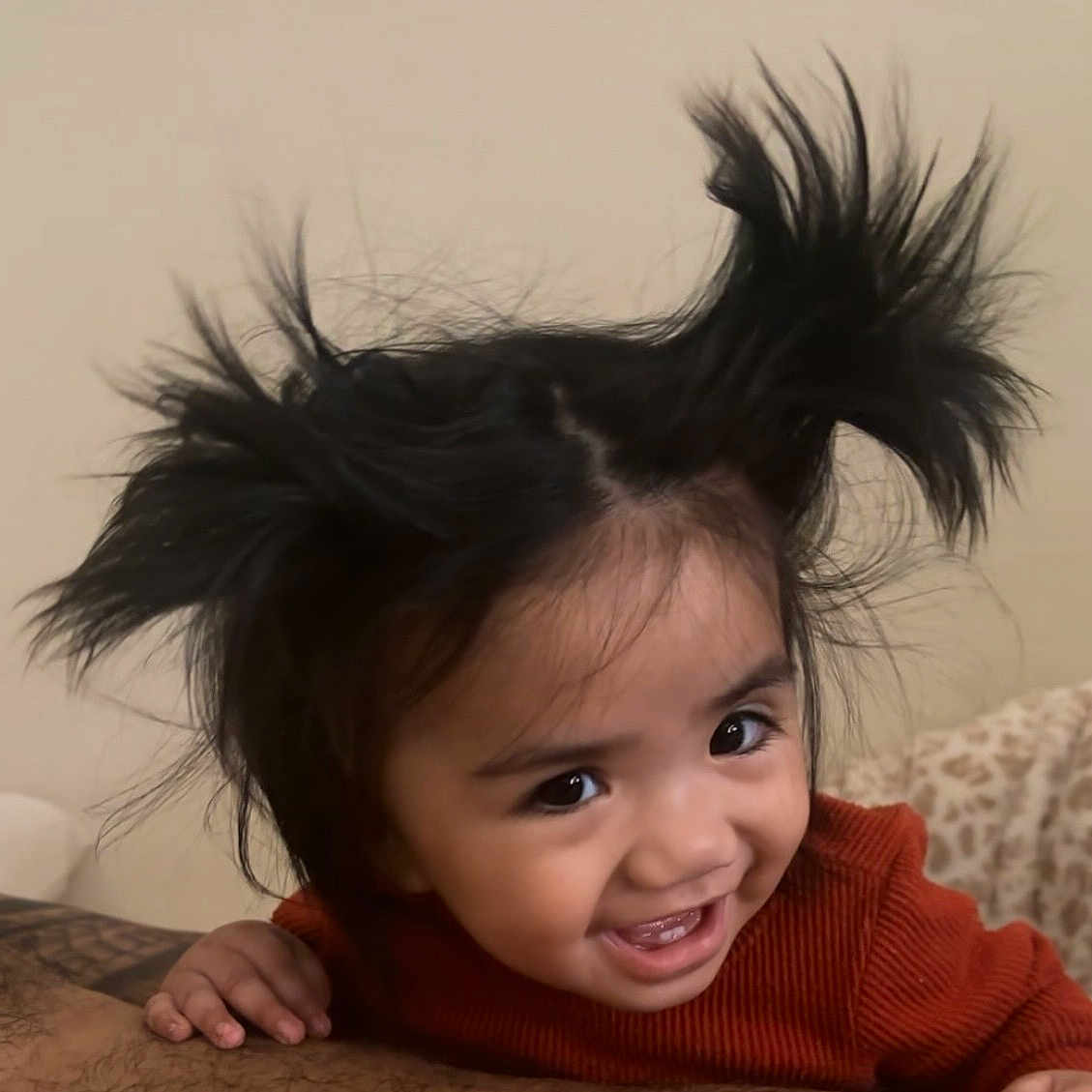 Saina is registered to the contest to win money with this photo: toddler, child, smile, happy, hair, wild_hair, pigtails, face, eyes, teeth, sweater, red_clothing, indoor, person, closeup, cute, joyful, playful, expression, portrait