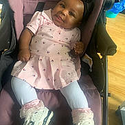Hunter Elyza joined the competition — help win amazing prizes! baby, infant, child, stroller, pink_outfit, dress, leggings, sneakers, hair_bow, smiling, sitting, portrait, indoors, wooden_floor, fashion, cute, infant_clothing, footwear, baby_stroller, happy