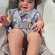 Violet is registered to the contest to win money with this photo: baby, infant, child, smile, headband, bow, baby_seat, harness, onesie, legs, feet, socks, chubby_cheeks, drool, hand, toy, indoor, kitchen, timestamp_text, happy