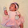adorable, baby, blanket, child, colorful, cozy, cute, headband, indoors, infant, lying_down, mittens, pink_dress, portrait, sleepwear, small, socks, soft_texture, tutu, young